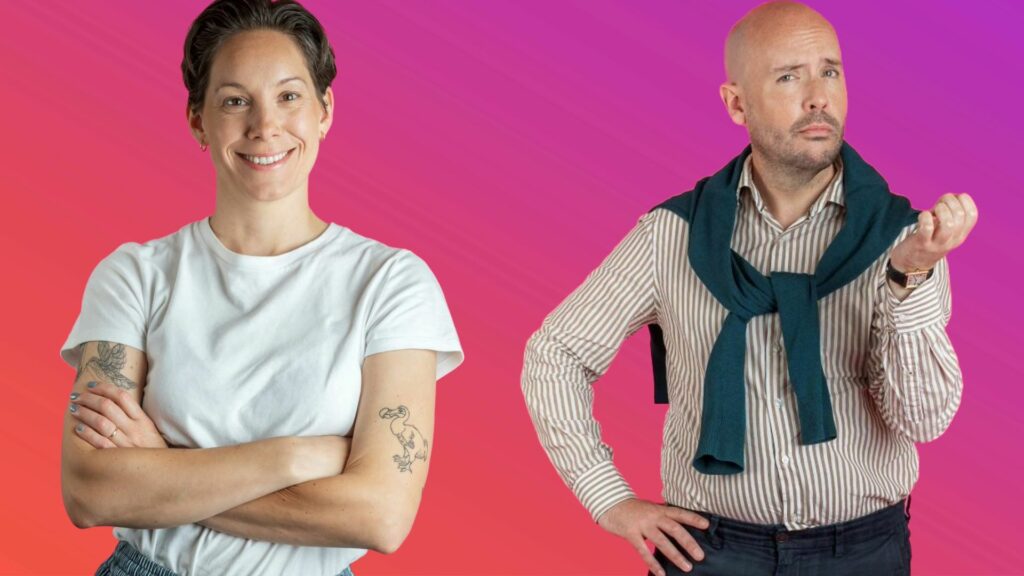 Suzi Ruffell and Tom Allen against a pink backdrop