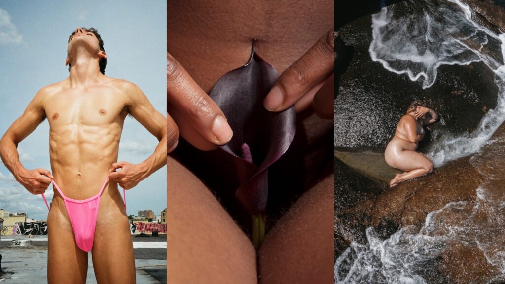 A composite of three go the pictures on display: someone in a pink think, someone holding a flower over their genitals, and a nude body lying sideways in some surf