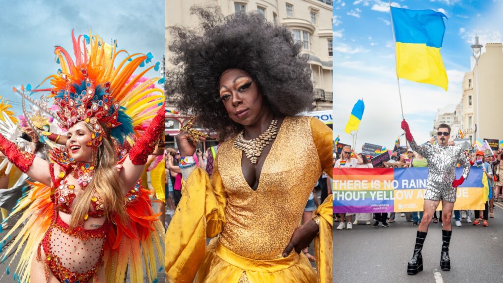 A composite of portraits of three Pride goers