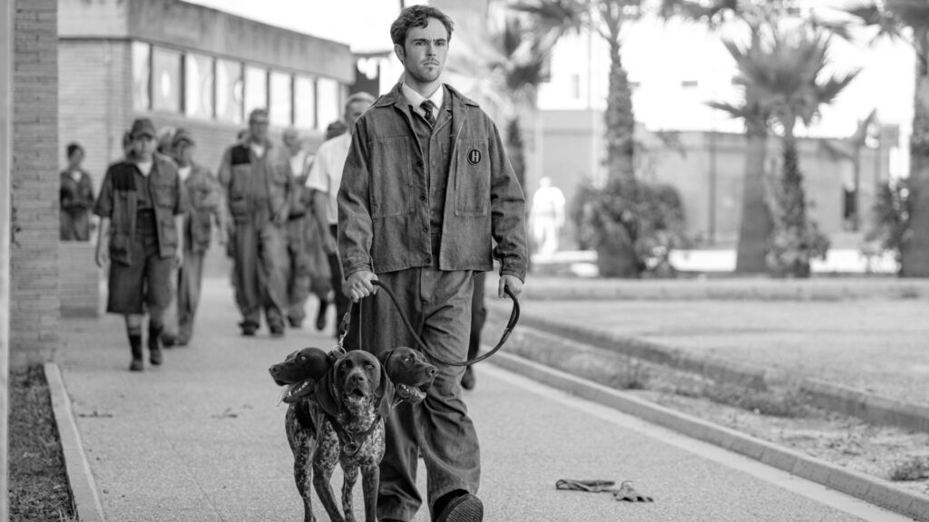 Misia Butler in character on Kaos in a black and white photo. He walks a three-headed dog.