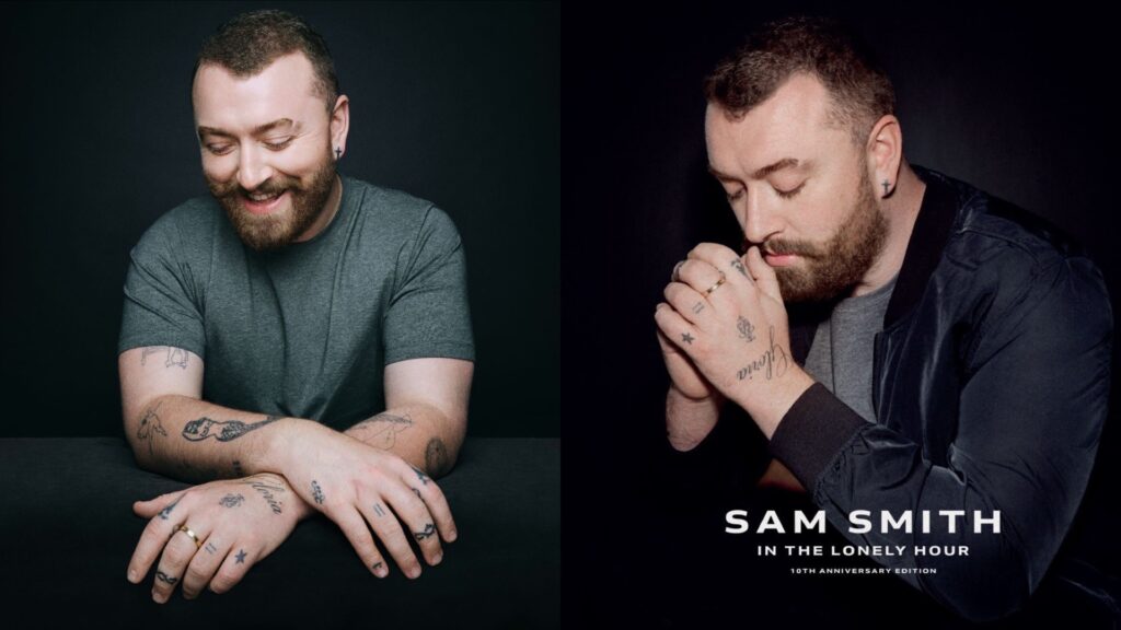 A portrait of Sam Smith in a grey t-shirt, and Sam on the cover of the rerelease