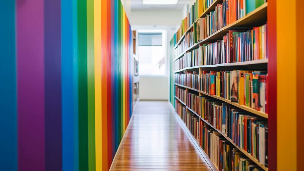 A library with a rainbow coloured shelf