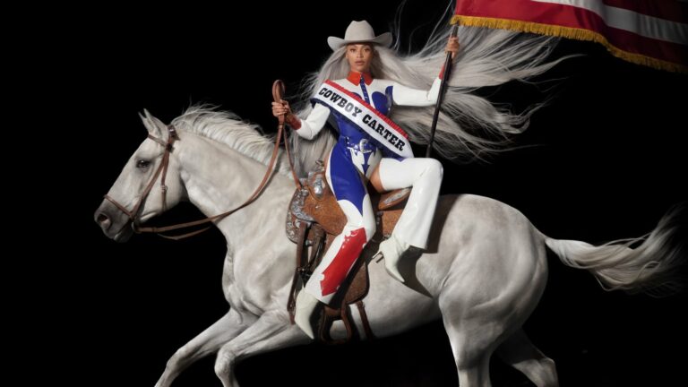 Beyoncé astride a white horse for her Cowboy Carter album cover