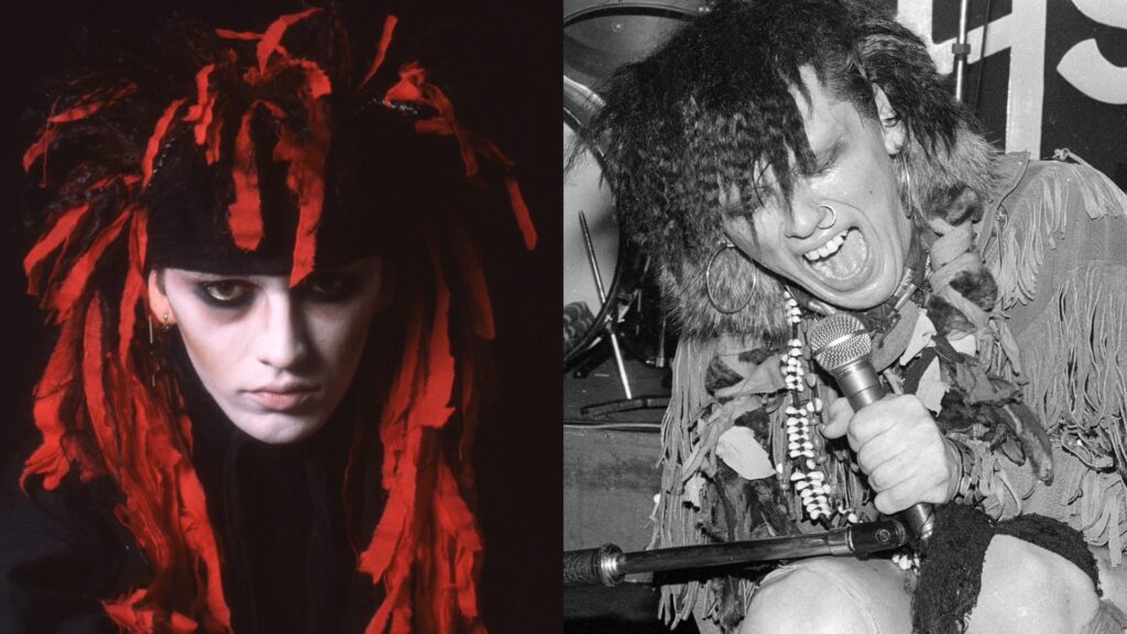 A close up of Pete in a read headdress with a white face, and right, a black and white pic of him singing on stage