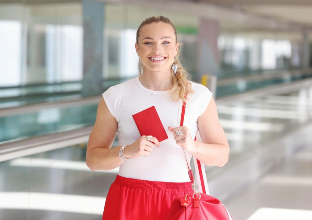 Jodie Ounsley wearing a Virgin uniform