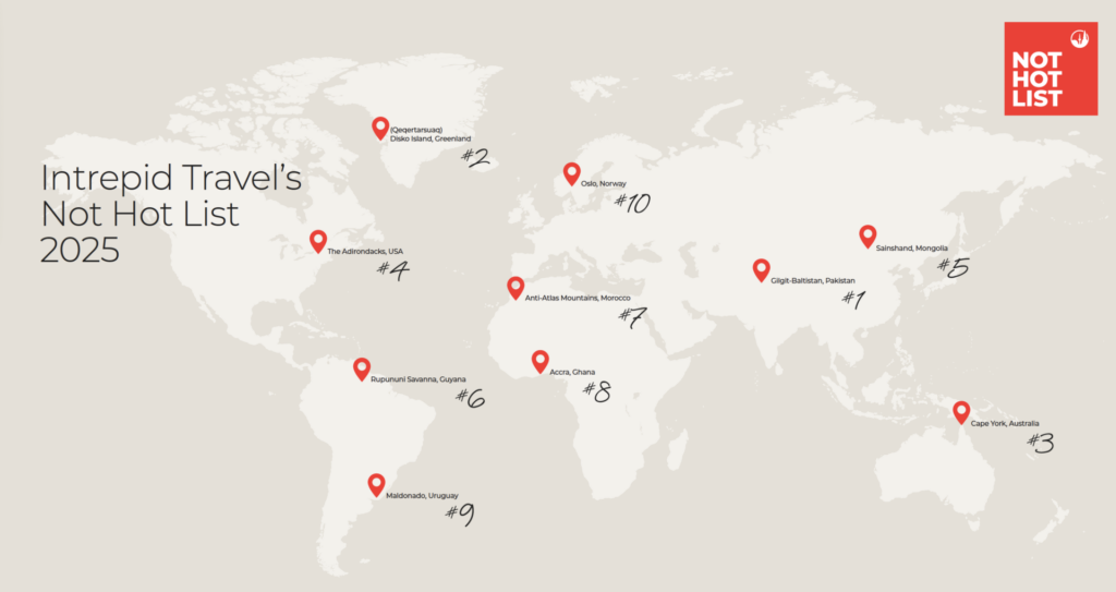 A map of highlighting Intrepid's Not Hot List 2025 destinations 