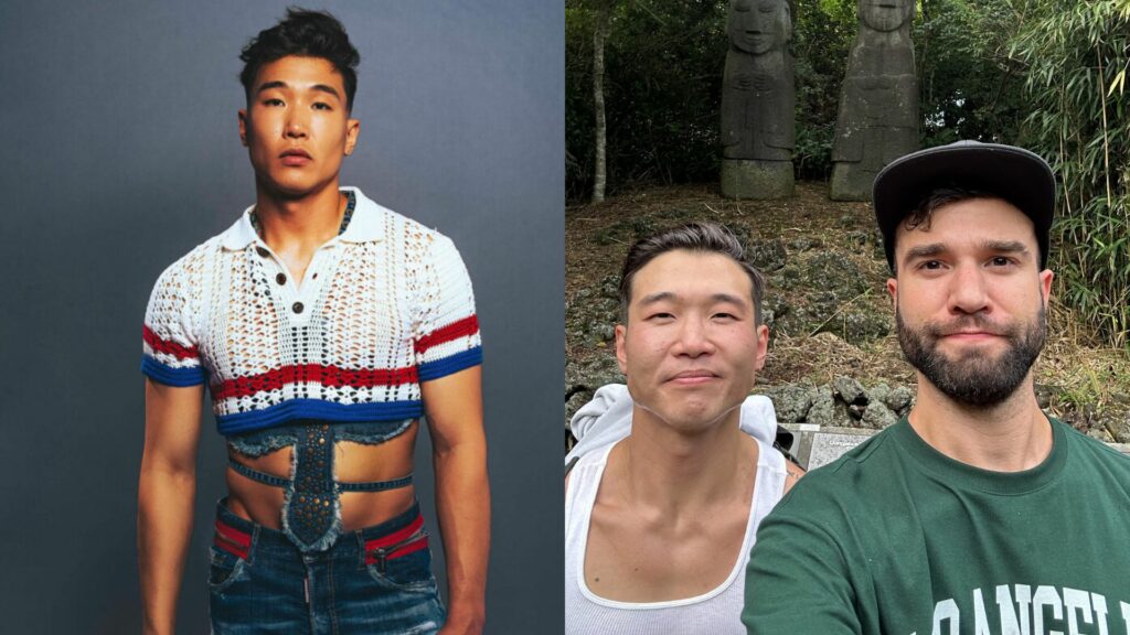 (Left) Joel Kim Booster for Attitude. (Right) Joel Kim Booster and his fiancé John-Michael Sudsina