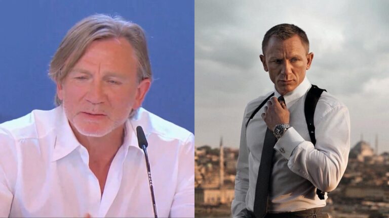 Daniel Craig at the Venice Film Festival yesterday, and right, as James Bond (Images: X/MGM)