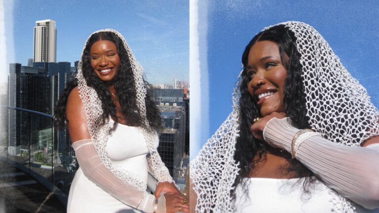 a composite of two pictures of Jamilah in bridal wear