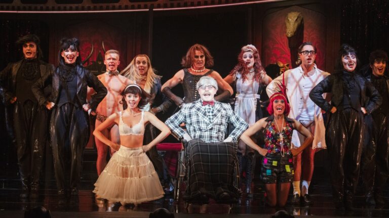 Ensemble, Morgan Jackson, as Rocky, Lauren Chia as Janet, Job Greuter as Riff Raff, Jason Donovan as Frank-N-Furter, Edward Bullingham as Dr Scott, Natasha Hoeberigs as Magenta and Jayme-Lee Zanoncelli as Columbia) (Image: Provided)