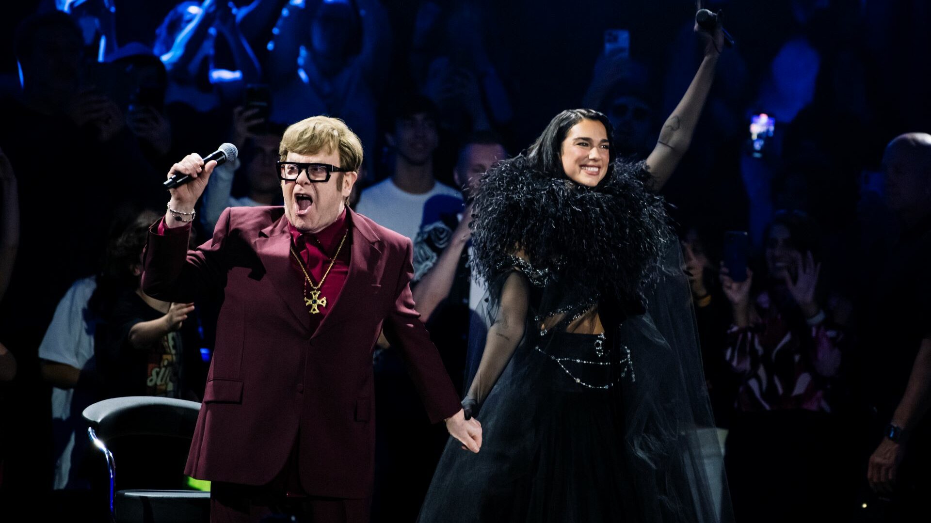 Elton John and Dua Lipa on stage at the Royal Albert Hall