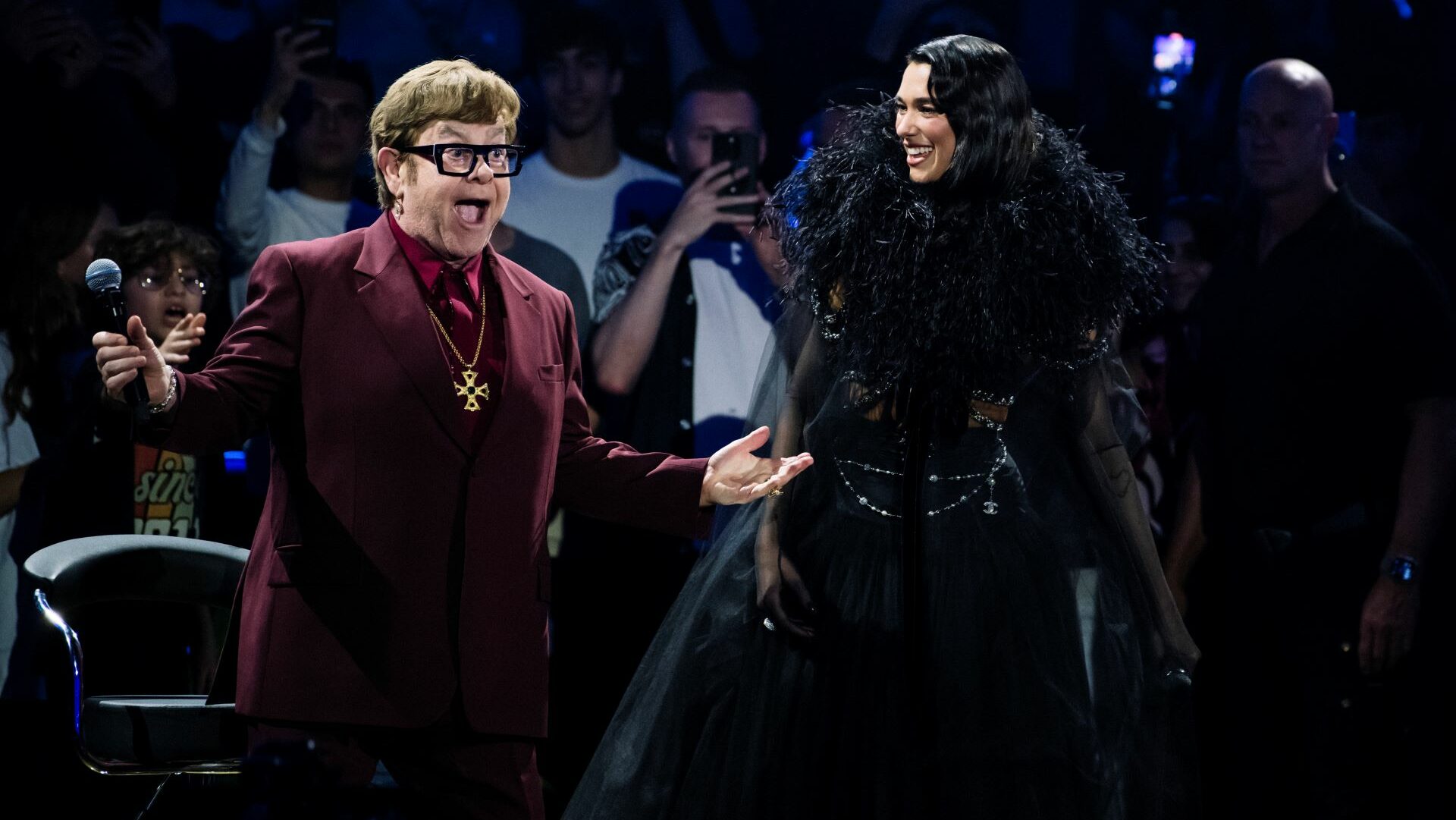 Elton John and Dua Lipa on stage at the Royal Albert Hall