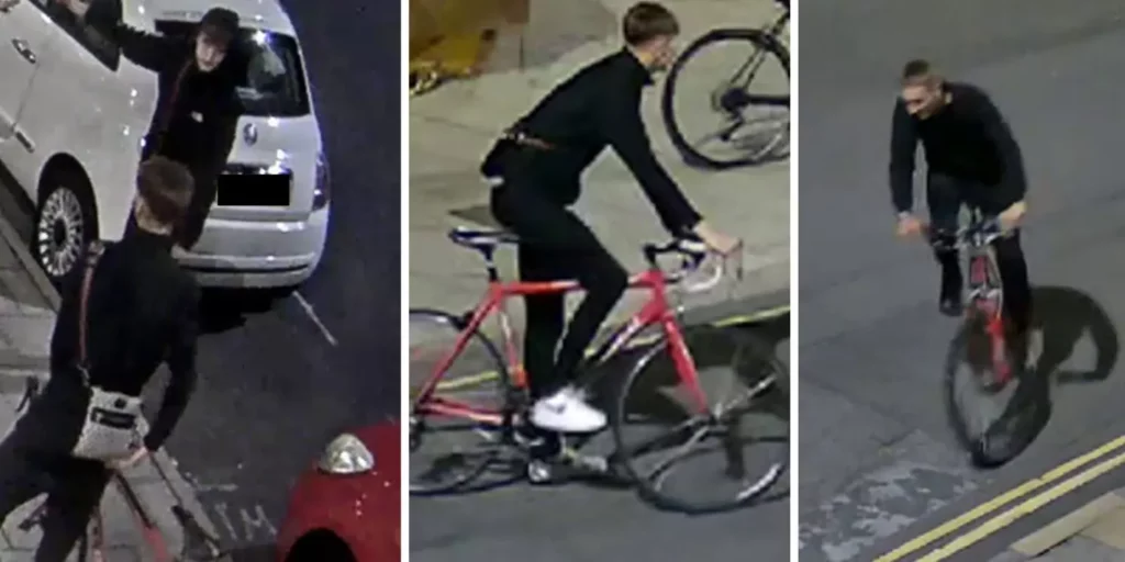 CCTV imagery showing three men riding bicycles