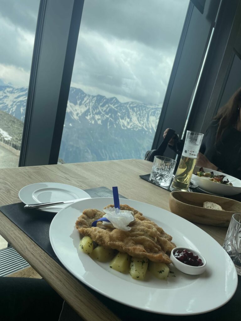 Schnitzel on plate with mountain view