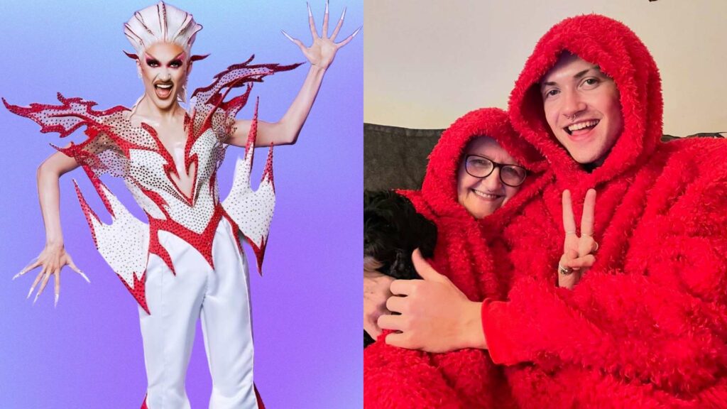 Composite of Kyran Thrax in drag and a shot of her in a red hoodie onesie with her mum