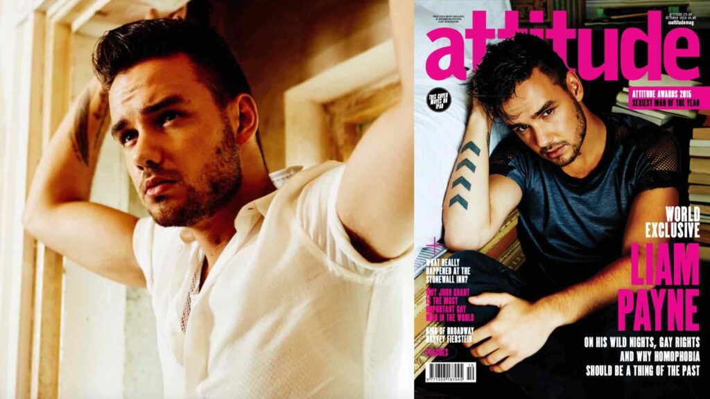 Liam Payne in a shot from his shoot, and right, on the cover