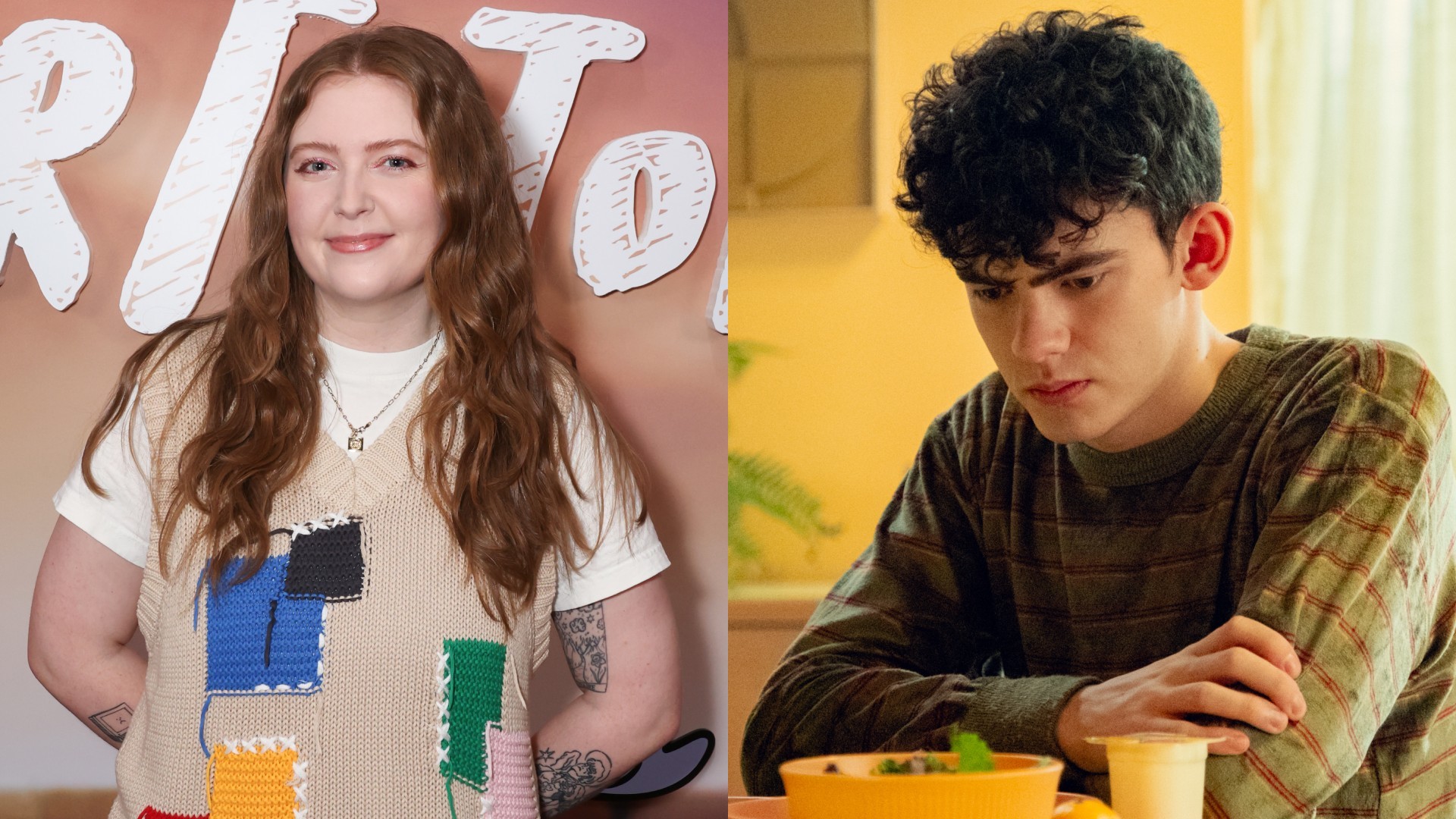 A composite image of Alice Oseman (left) and Joe Locke as Charlie in Heartstopper (right)