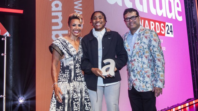 Dame Kelly Holmes, Cindy Ngamba, and Paul Sinha at the Attitude Awards