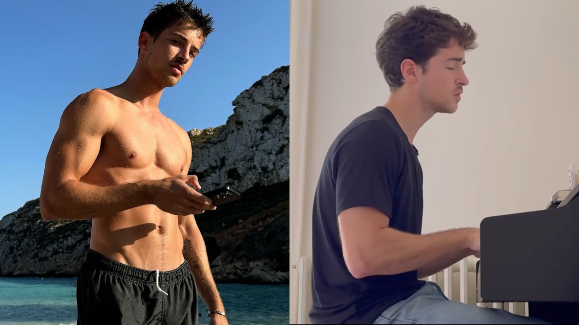 (left) Manu Rios shirtless on the beach. (right) Manu Rios in a black t-shirt playing the piano