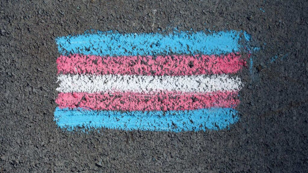 The trans flag in chalk on the pavement