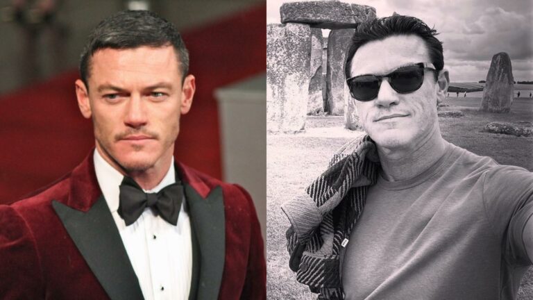 Luke Evans in a suit and Luke Evans in black and white