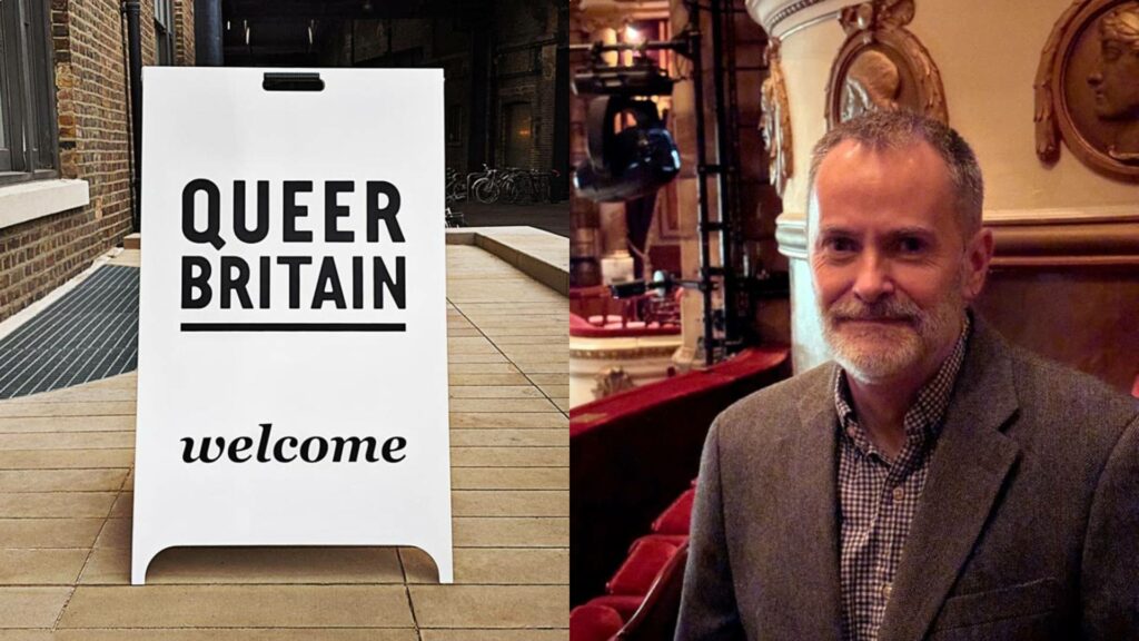 Queer Britain sign and a picture of Andrew Given