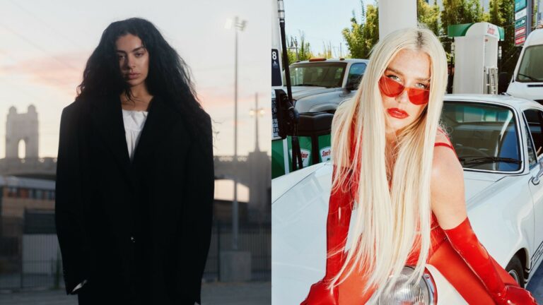 Charli XCX (right) wearing a large black coat; Kesha (left) in a red latext outfit)