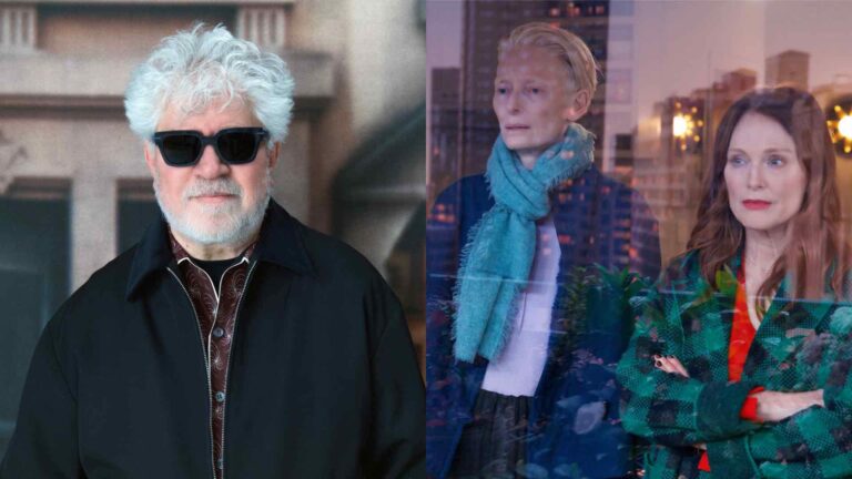 Pedro Almodóvar, and Tilda Swinton and Julianne Moore in The Room Next Door (Images: XXX)