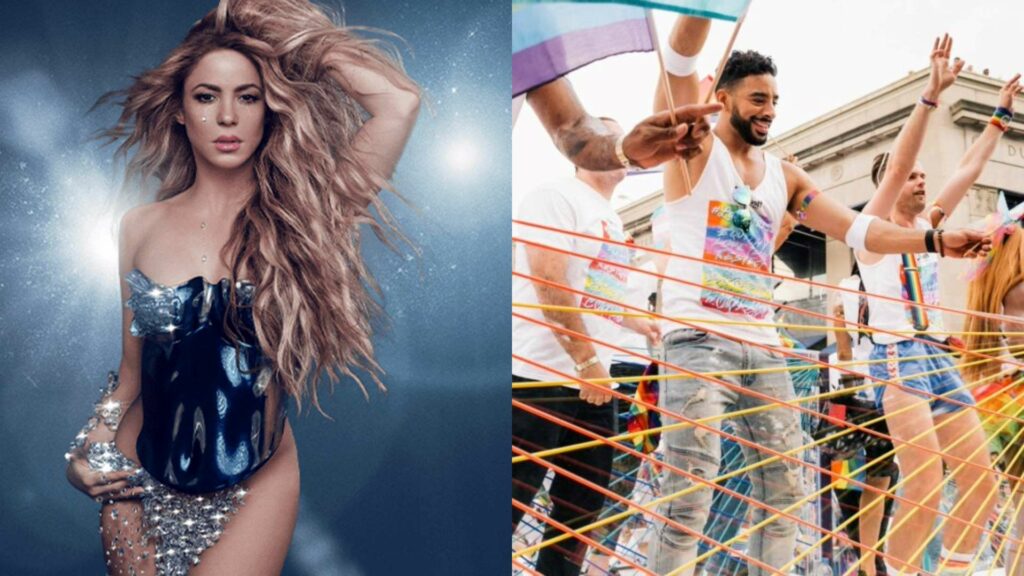 Composite of Shakira and people waving Pride flags