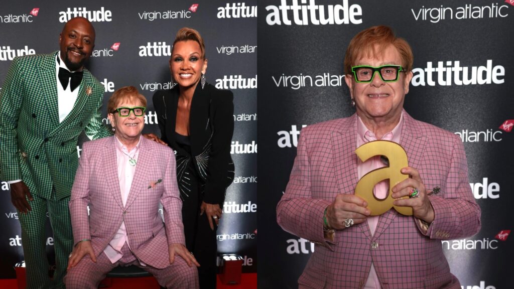 Elton [right], and Elton with Vanessa Williams and Matt Henry (Images: Attitude/Kit Oates)