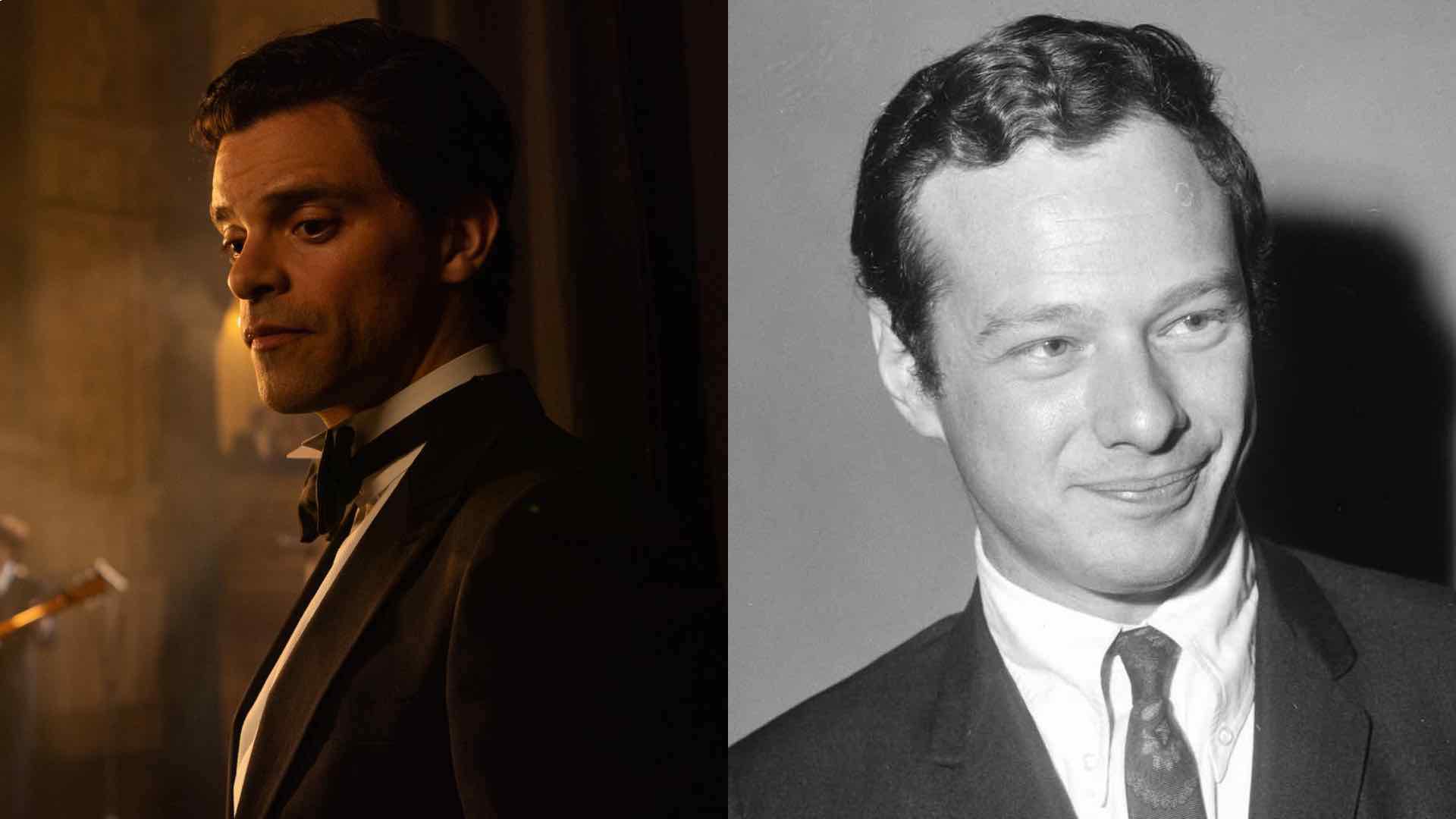 Brian Epstein in Midas Man, and right, Epstein in the 60s. Both in collar and tie