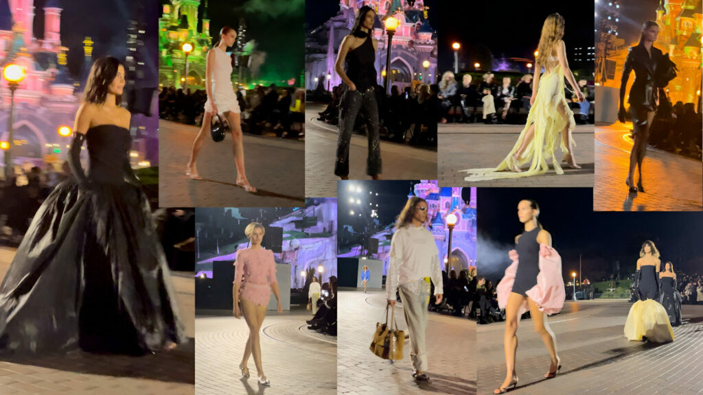 Composite of models walking an outdoor runway at Disneyland Paris