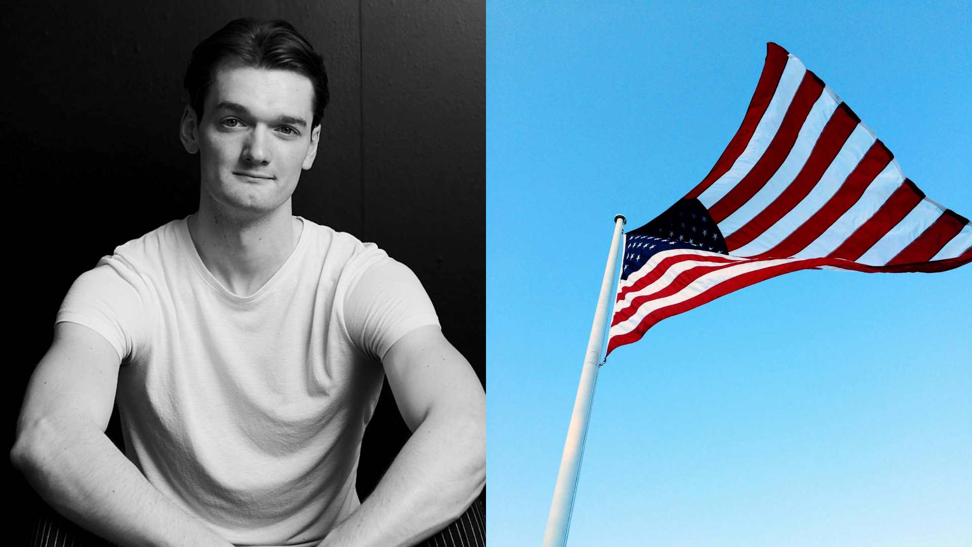 Composite of a smiling man sitting down and the USA flag