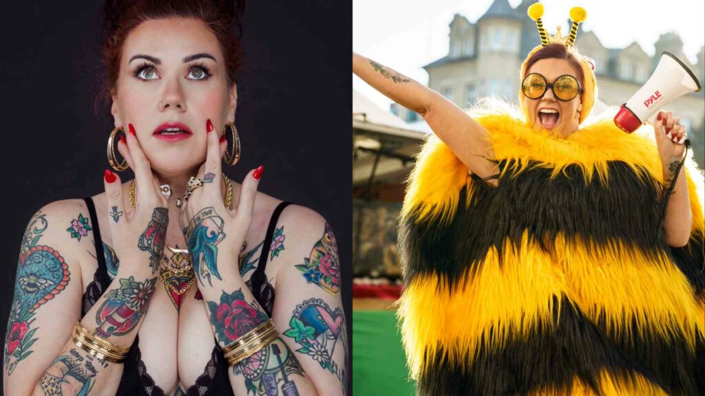 Composite of a woman in a black bra and the same woman dressed as a bee