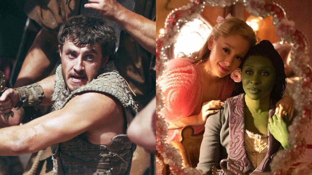 Paul Mescal in Gladiator 2, and Ariana Grande and Cynthia Erivo in Wicked (Images: Paramount Pictures/Universal Pictures)