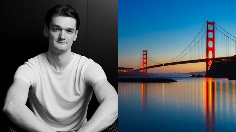 a photo of the author, left, and a photo of the Golden Gate Bridge on the right