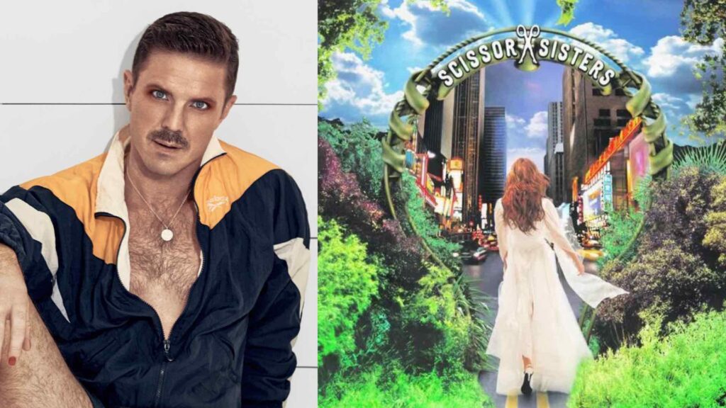 Jake Shears in his 2017 Attitude cover shoot, and right, the cover of the band's debut LP