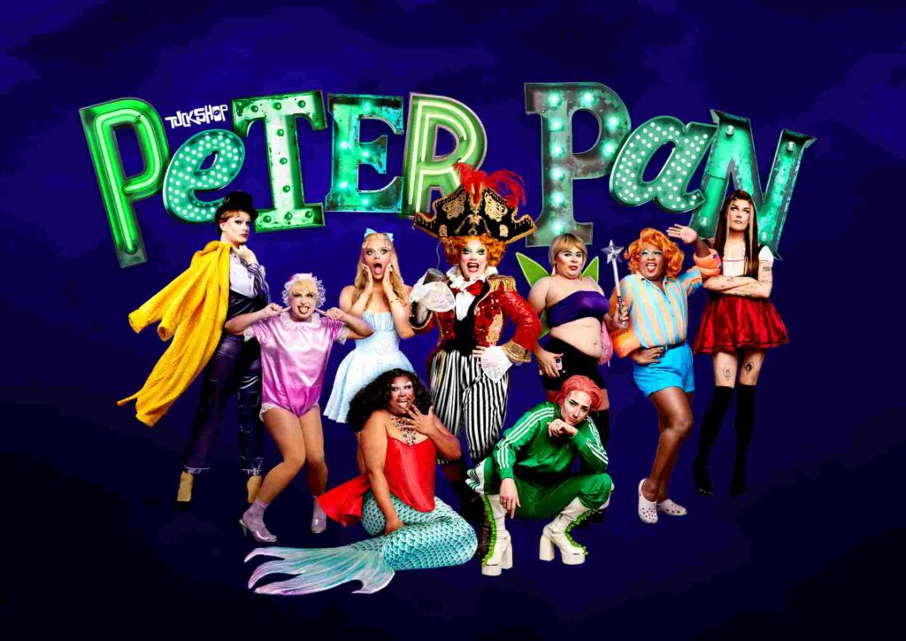 Promo poster for Peter Pan panto featuring a group of drag artists