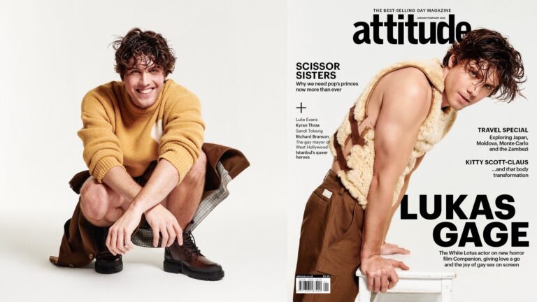 Lukas crouching down in a yellow sweater, and right, on the cover of Attitude in an armless wool top