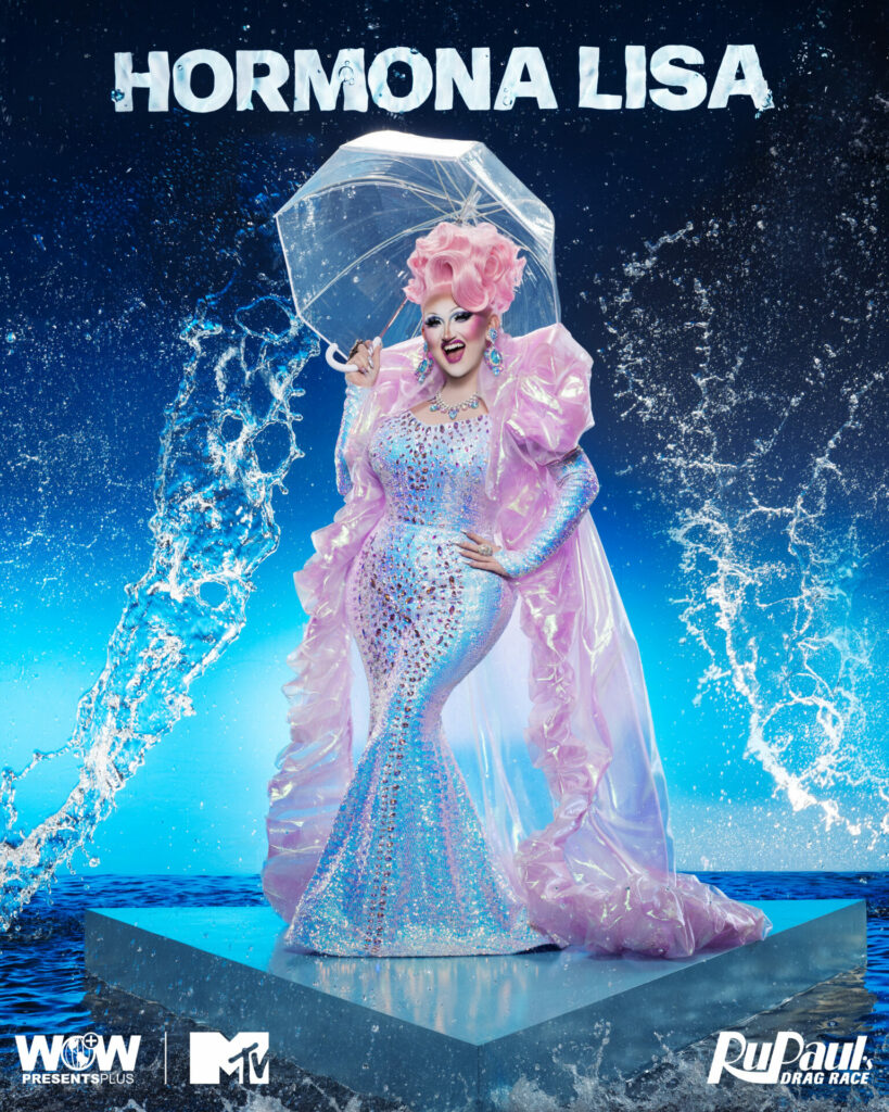 A drag queen against a water-themed blue backdrop