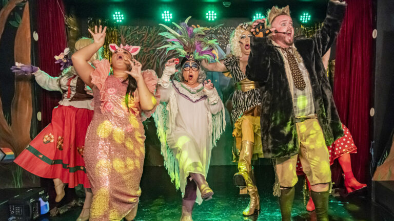 Cast of the RVT panto Wolfed on stage together