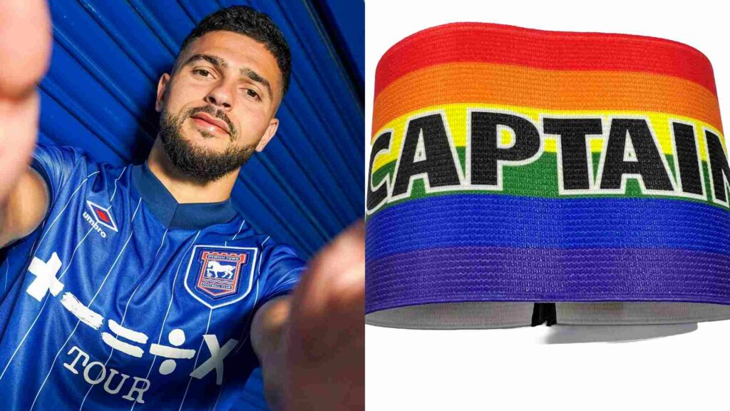 Composite of Sam Morsy and a rainbow arm band with the word captain on it