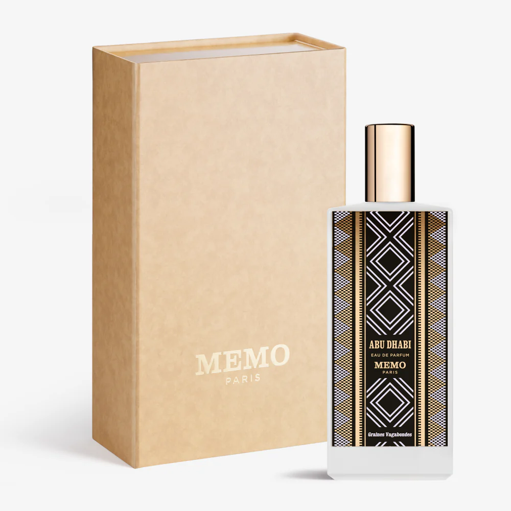 A bottle of Memo Paris Abu Dhabi perfume next to a box