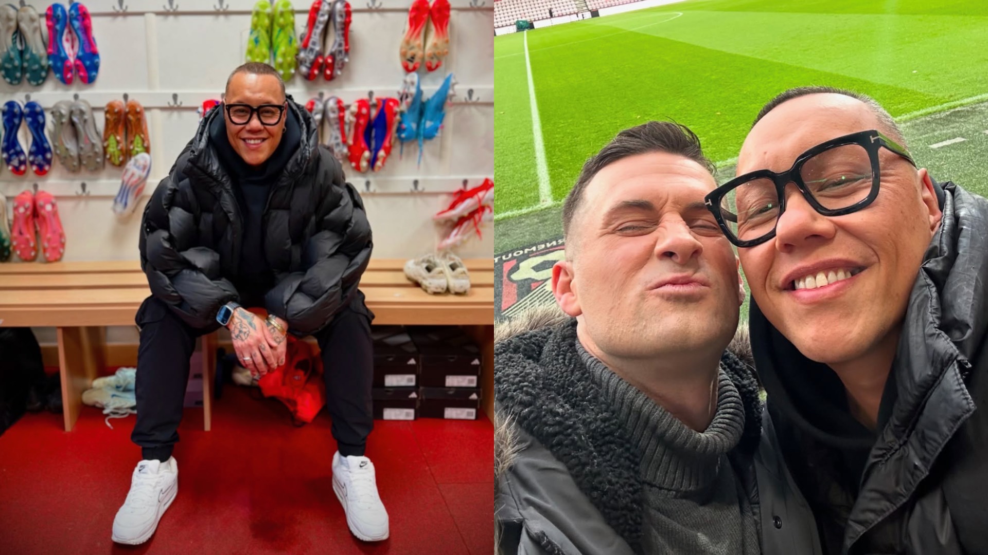 Gok in the changing rooms at AFC Bournemouth, and right, with Sky Sports star Mark McAdam (Images: Instagram/@GokWan)