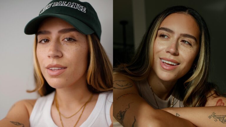 Chelcee Grimes in a hat, and on the right, without a hat with hair down