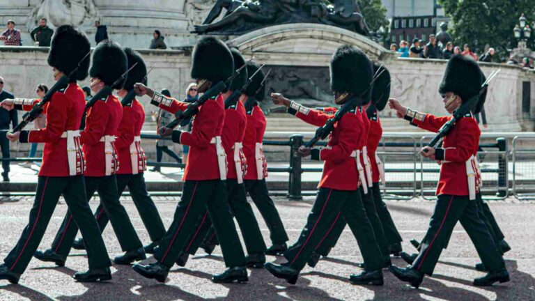 A group of Queen's Guards walking in London