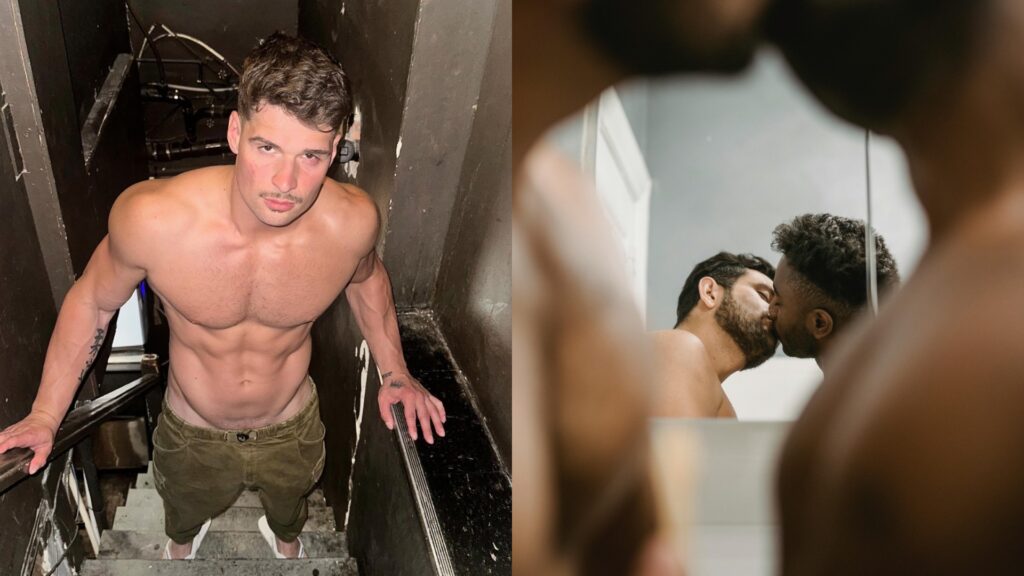 A photo of Malik Delgaty topless, and on the right, a couple kissing before a mirror