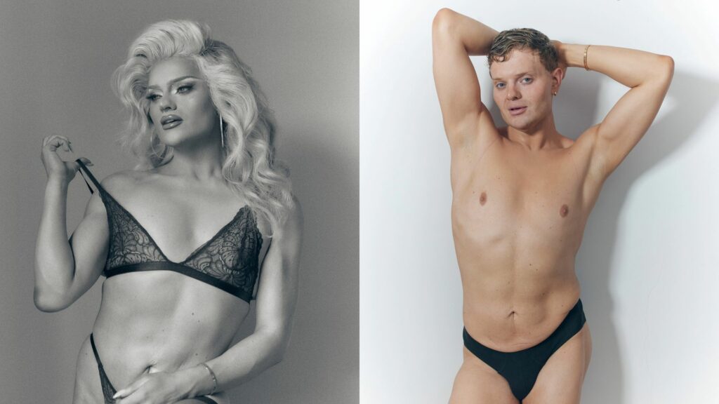 Composite of Kitty Scott-Claus in lingerie and out of drag wearing black pants