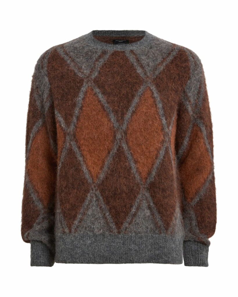 Dark grey and brown argyle jumper