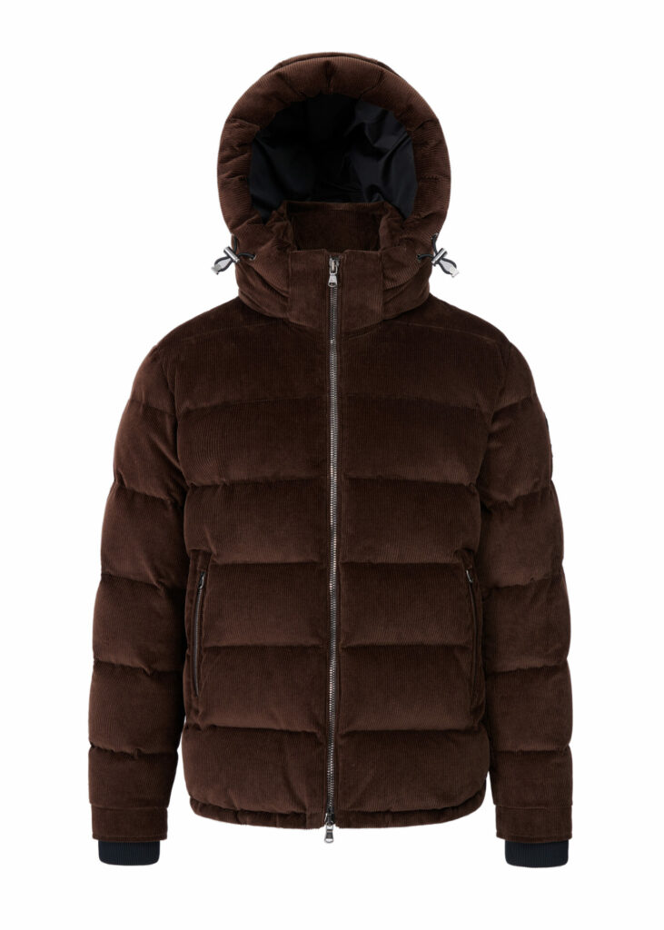 Brown cord puffer jacket with hood